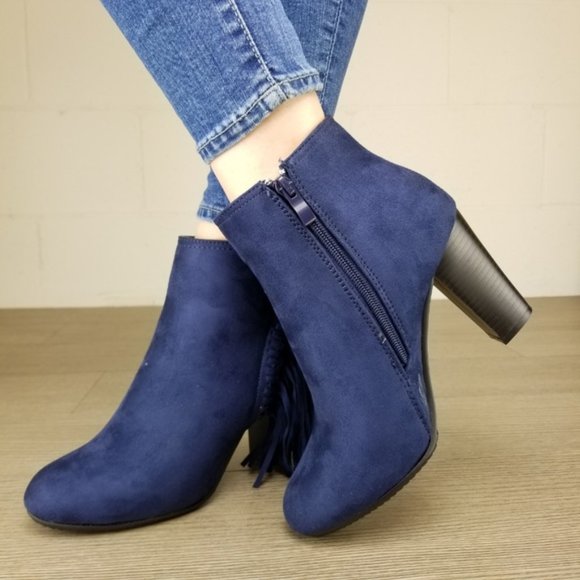 Navy Vegan Suede Apache Tassels Boots - Picture 3 of 7